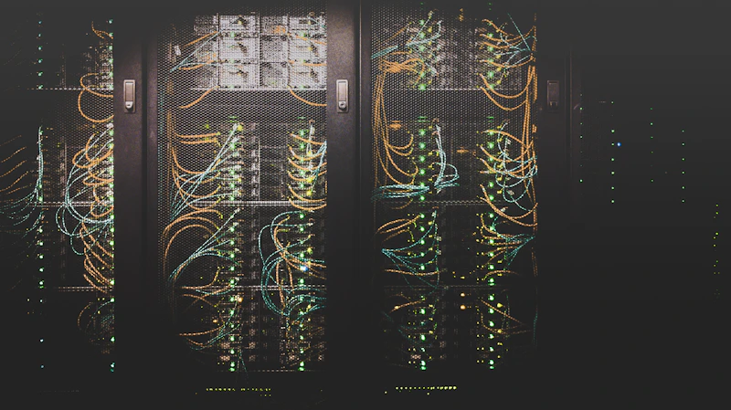Corredor de servidores em um data center com iluminação baixa